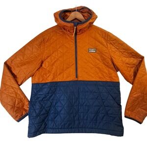 L.L.Bean Katahdin Anorak Mens Large Orange Blue Quilted Hooded Pullover Half Zip